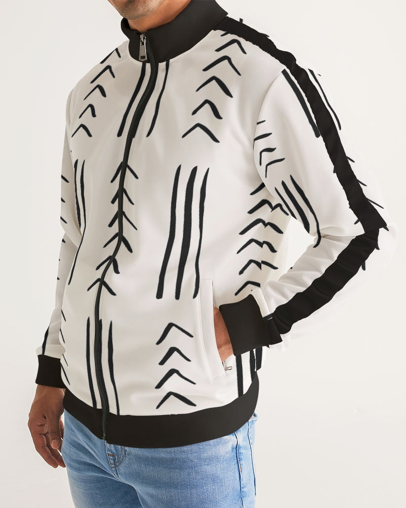 White Mud Cloth Print Men's Stripe-Sleeve Track Jacket