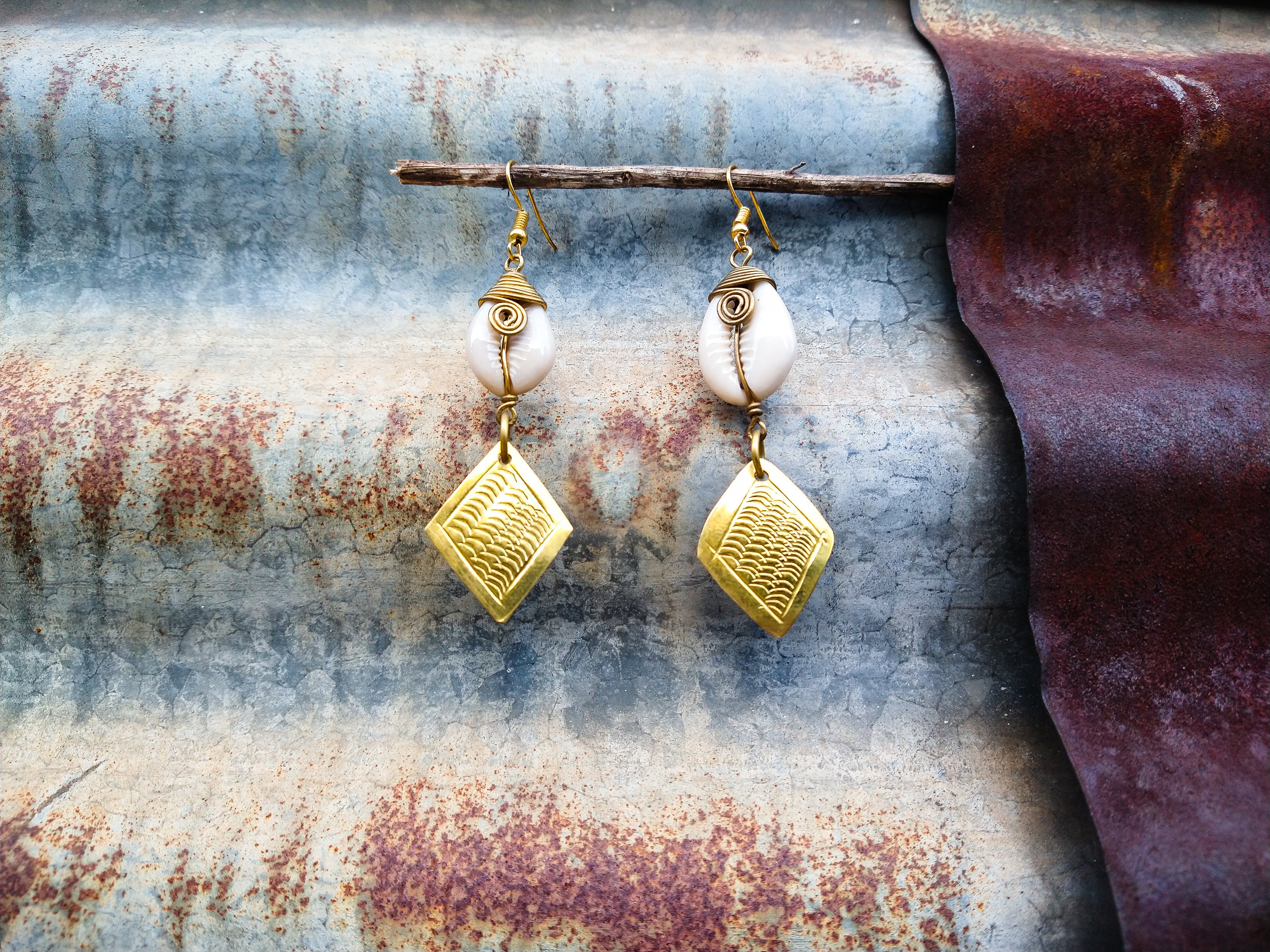 Cowrie Shell and Brass Diamond Earrings