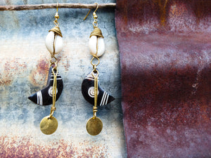 Cowrie Shell and Brass Dangle Earrings