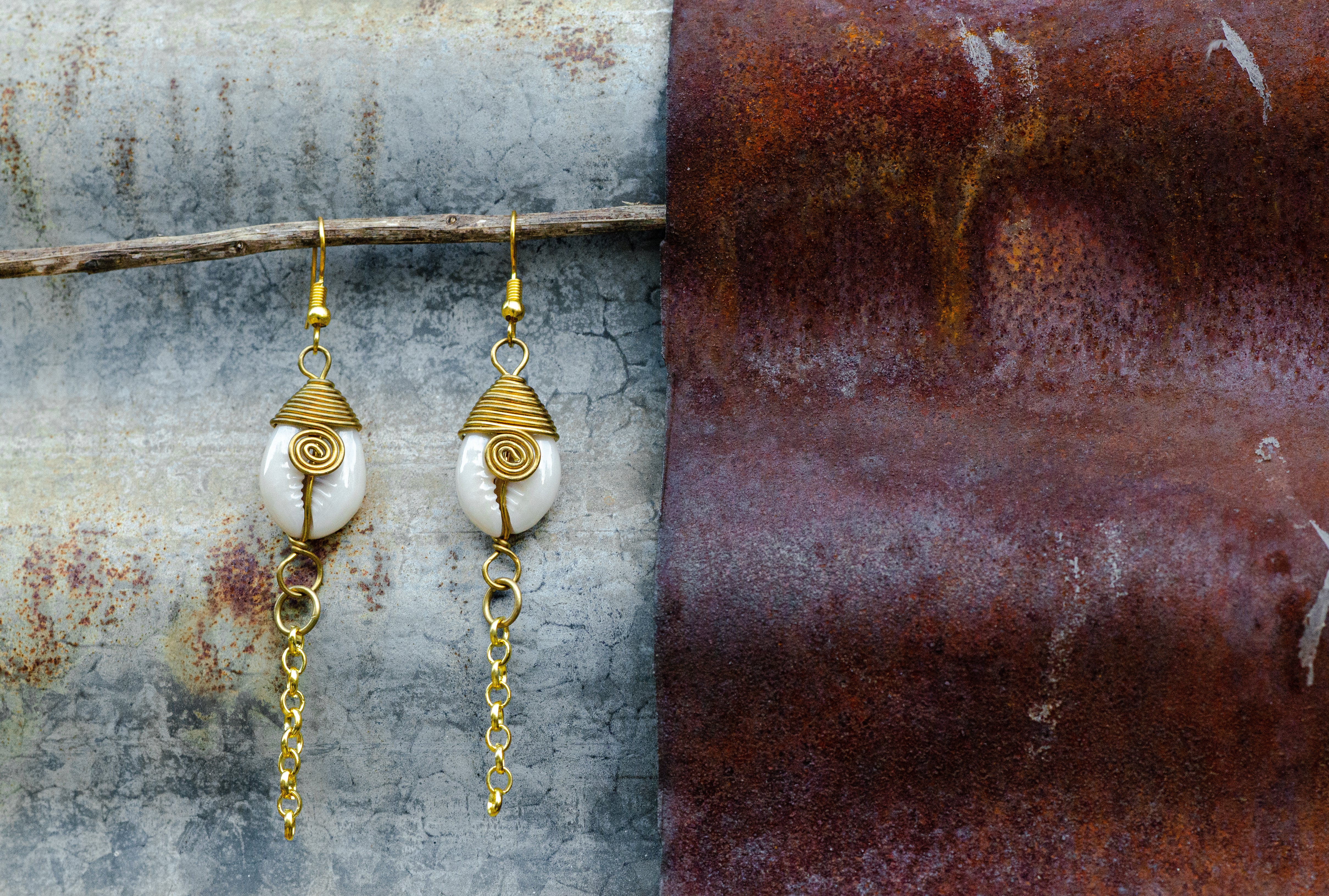 Cowrie Shell & Brass Chain Earrings